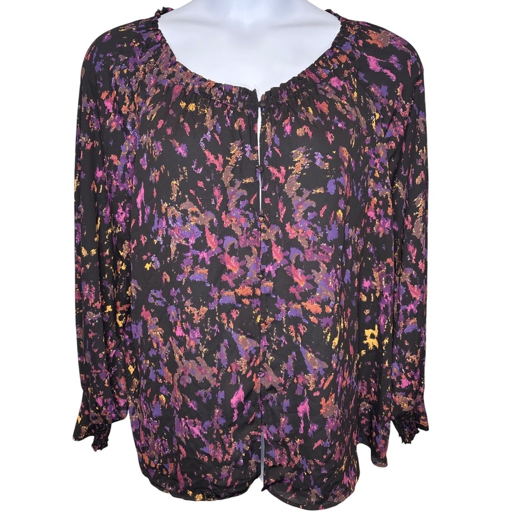 Joan Vass Womens Black Purple Splatter Print Blouse 2X Excellent Smocked Cuff